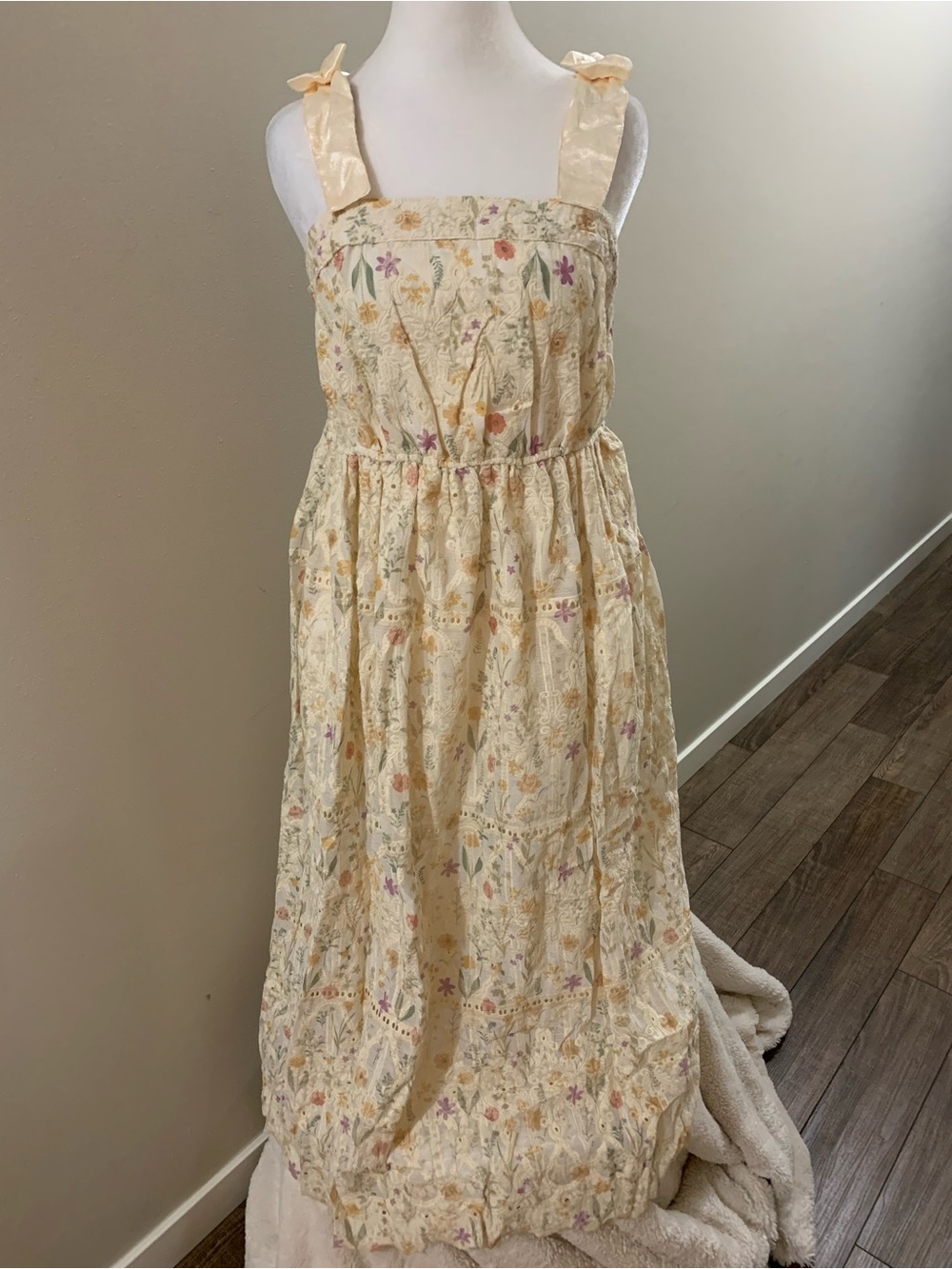 Umgee Yellow Cream Floral Maxi Dress with satin Ribbon Straps